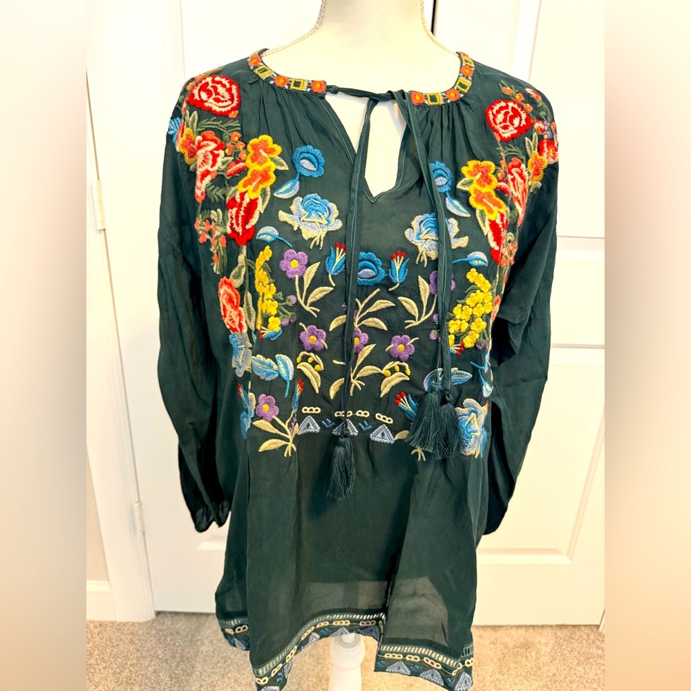 Johnny Was Dark Green Embroidered Tunic with Multicolor Floral Accents